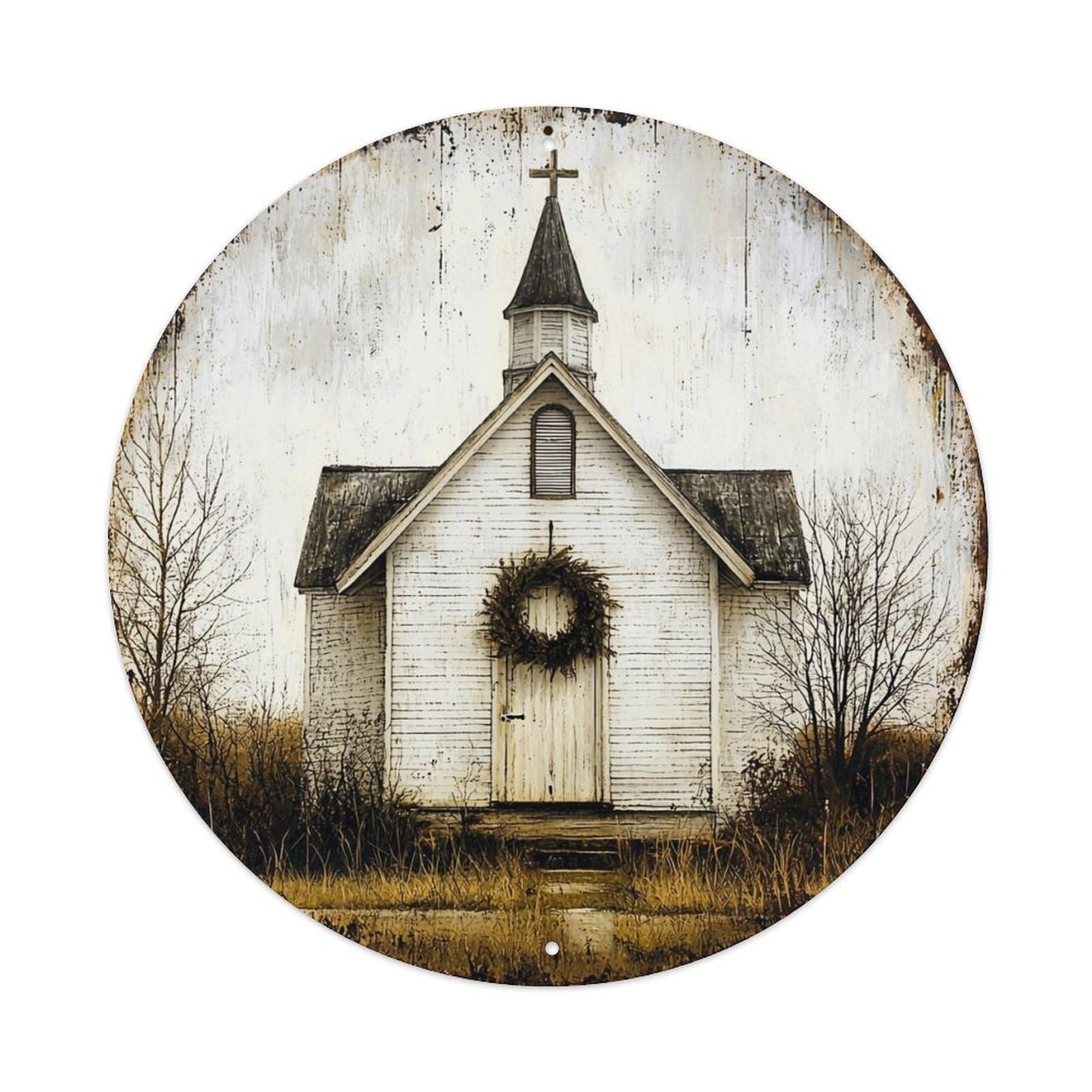 Rustic Church Wreath Winter Scene Round Metal Tin Sign Vintage Wall Decor, Bar Garage Cafe Kitchen Home Wall Art Poster 8x8inches
