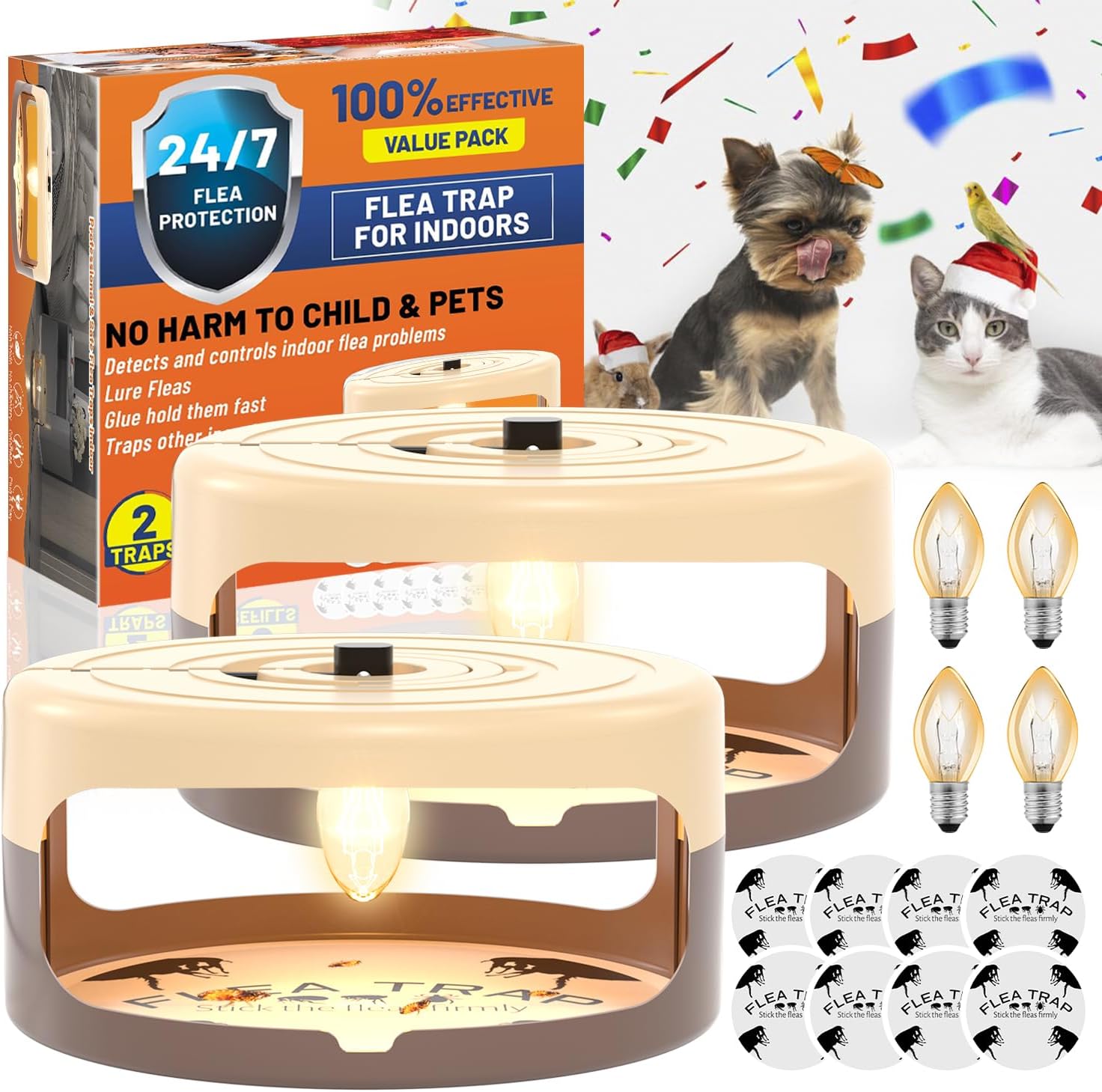2 Pack Flea Traps for Inside Your Home with 8 Sticky Glue Pads & 4 Flea Light Killer Indoor Bed Bug Trap Pest Control, Non Toxic & Harmless, Friendly to Pets & Kids
