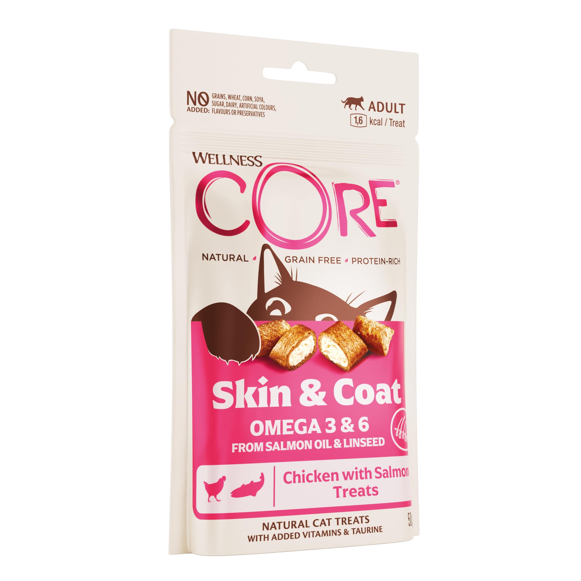 Wellness CORE Skin & Coat Treats 50g, Chicken & Salmon – Cat Treats, Grain-Free, Natural, Hypoallergenic, Protein-Rich, High Meat Content, Supports Healthy Skin & Shiny Coat