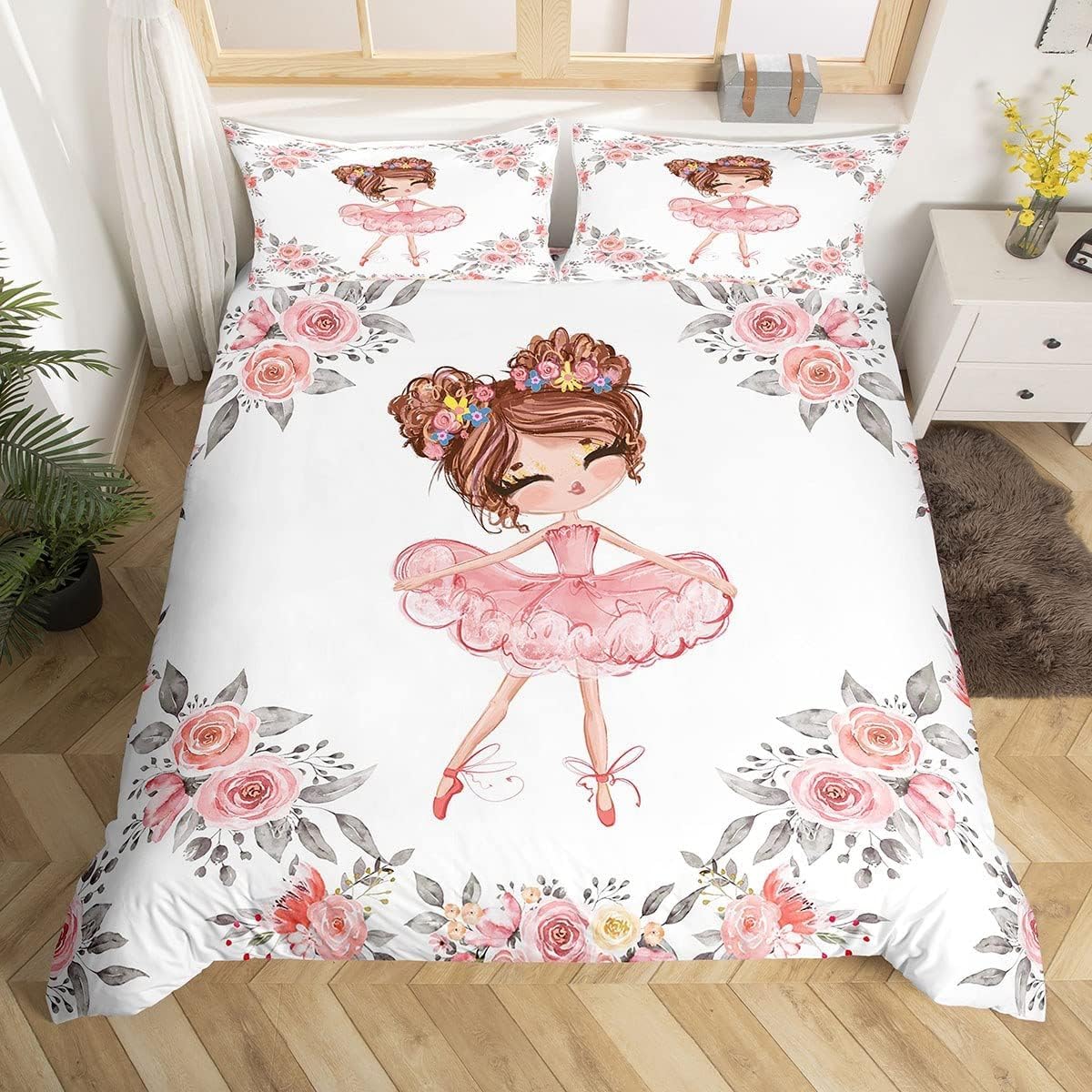 Girls Ballet Bedding Set Super King Size for Kids, Ballerina Duvet Cover Bedroom Decor Cute Little Dancer Comforter Cover Girly Rose Flowers Print Bedspread Cover, Pink White Gray, 2 Pillowcases โ image 1