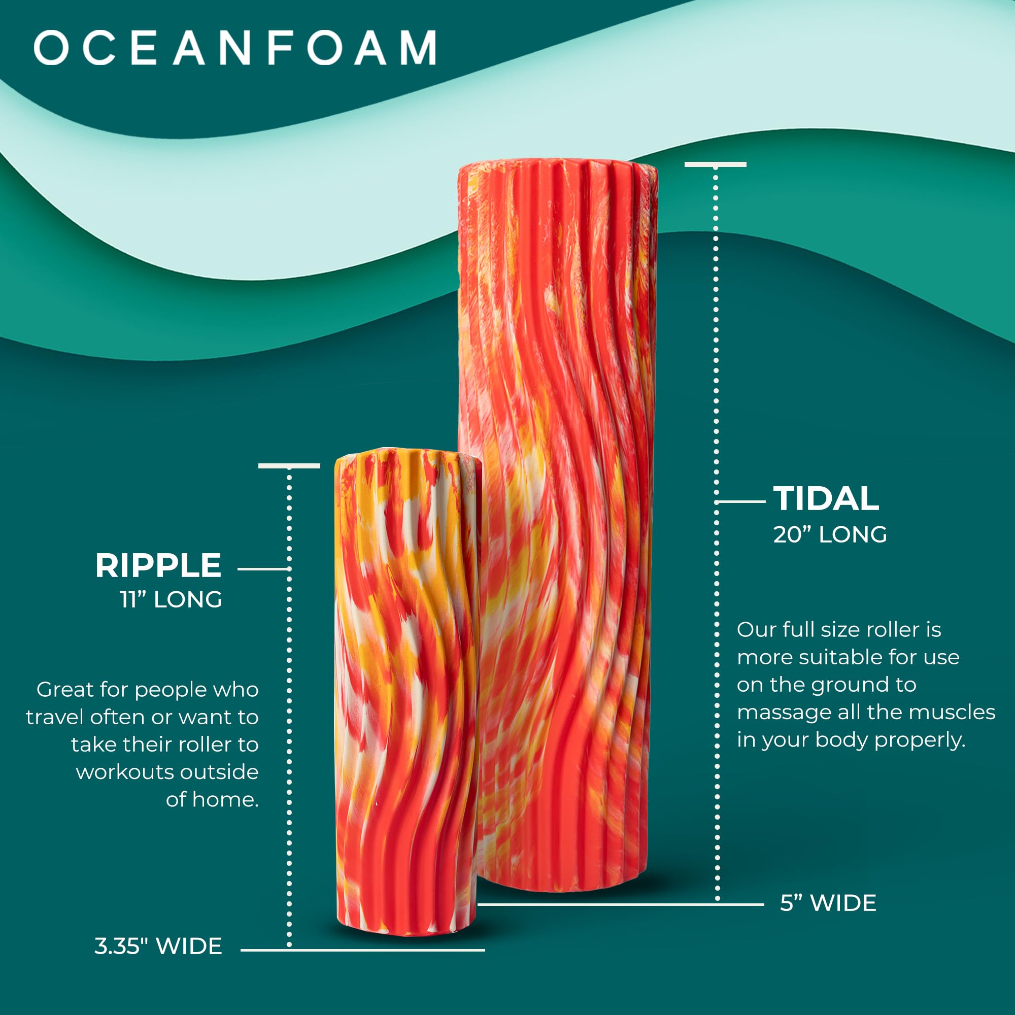Oceanfoam Tidal Roller – Muskelmassage-Schaumstoffrolle für Rückenschmerzen und Dehnung – Breite Wellenstruktur – ergonomisches Design – Yoga und Leichtathletik – volle Größe, 50,8 x 12,7 cm – Rot
