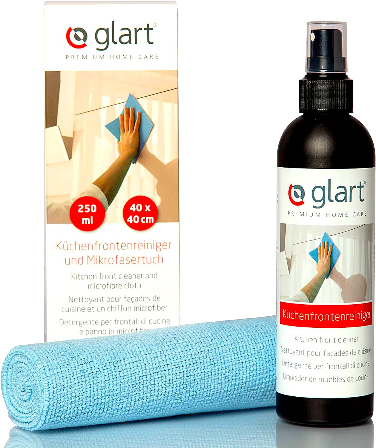 Glart 45KR Kitchen Cleaner Set – 250 ml Spray + 40x40 cm Microfiber Cloth – Alcohol-Free & Streak-Free – For High Gloss, Plastic, Lacquer & Wood Surfaces, Gentle Cleaning for Kitchen, Bathroom & Home