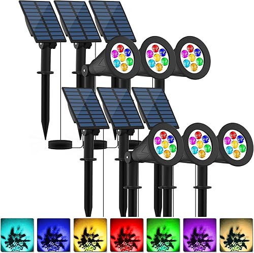 T-SUNUS Paquete de 6 focos solares para paisajes que cambian de color, luces solares impermeables para exteriores, luz de estanque de jardín, luz de