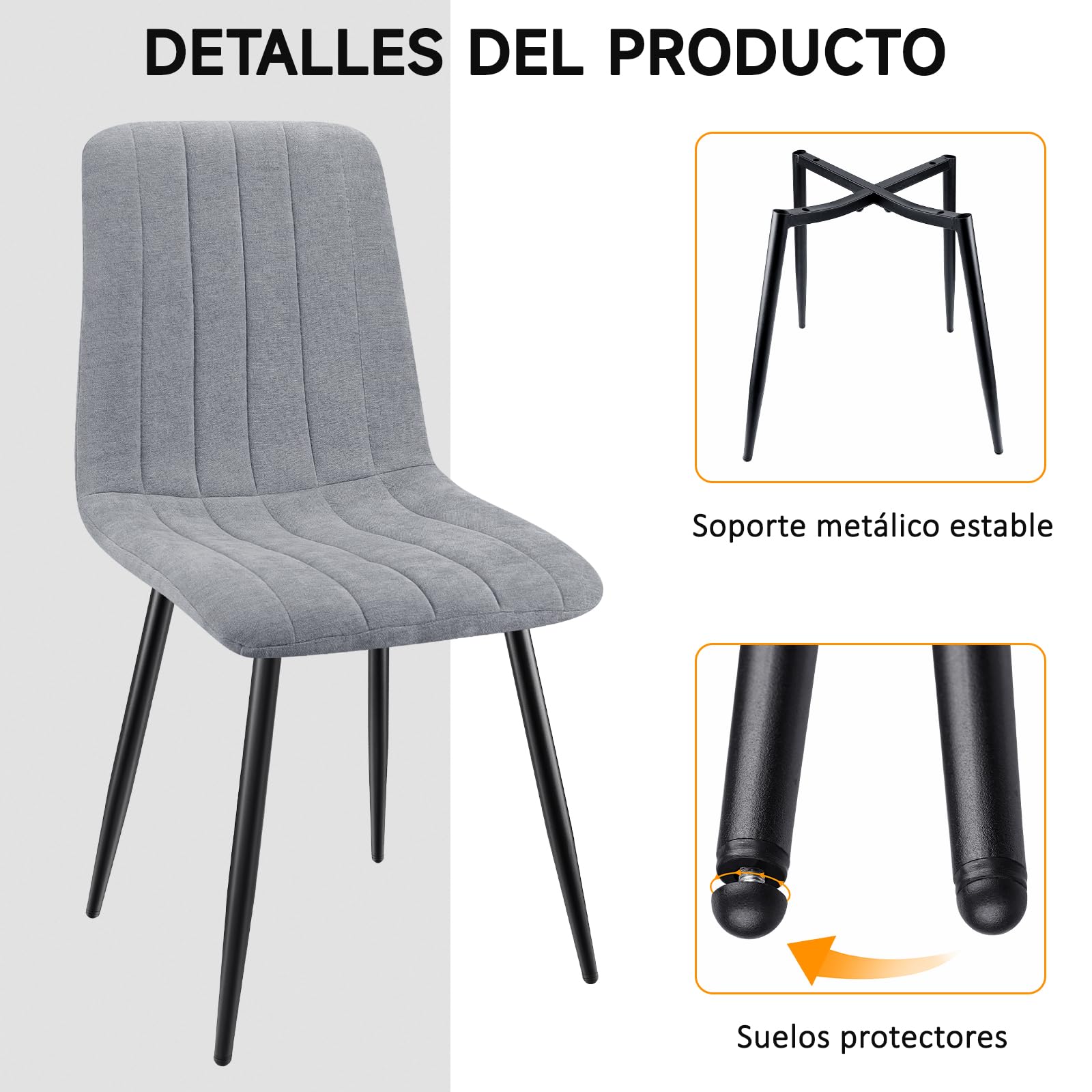 Juego De 6 Sillas De Comedor, Sillas Cocina con Tela De Lino Y Patas De Metal Negro,Silla De Dormitorio,Silla Acolchada,Silla De SalóN,Sillas Comedor Modernas-Gray