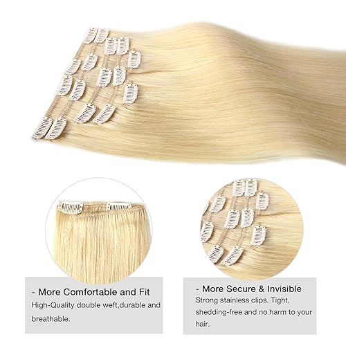 Miniatura 3 de Atbering Extensiones de cabello humano real con broches, color rubio decolorado, extensiones de cabello virgen con clip, para cabello lacio o