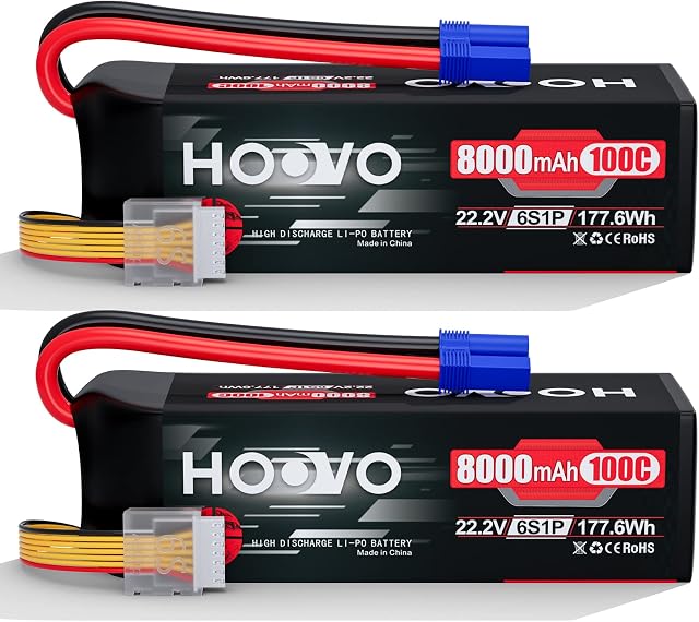 HOOVO 6S 22.2V LiPo Battery 8000mAh 100C RC LiPo Batteries Metal Plates with EC5 Plug Compatible with Traxxas UDR RC Car Boat Buggy Truck Tank Racing Hobby(2 Pack)