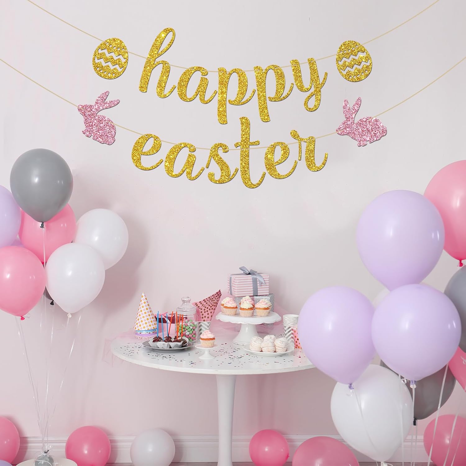 INNORU Happy Easter Banner, Easter Bunny Party Hanging Bunting, Spring Party Easter Decorations Supplies Banner, Gold Glitter