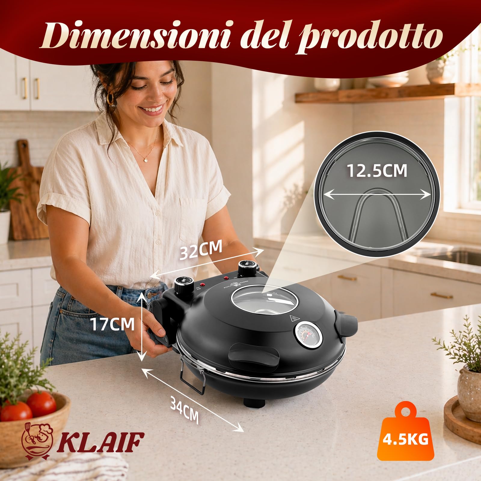KLAIF Forno elettrico per pizza da banco con pietra in ceramica da 31 cm, due controlli di temperatura regolabili e 4 utensili per pizza LMR-nero