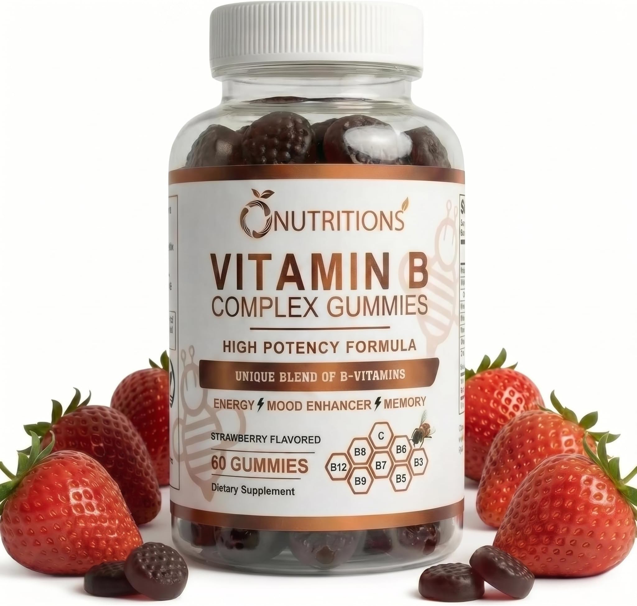 O NUTRITIONS Vitamin B Complex Vegan Gummies with Vitamin B12, B7 as Biotin, B6, B3 as Niacin, B5, B6, B8, B9 as Folate for Stress, Energy and Healthy Immune System (1 Pack)