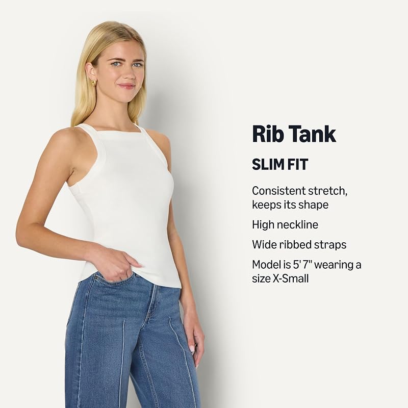 Amazon Essentials Women's Slim-Fit Stretch Rib High-Neck Tank with Wide Ribbed Straps, White, Large image 4
