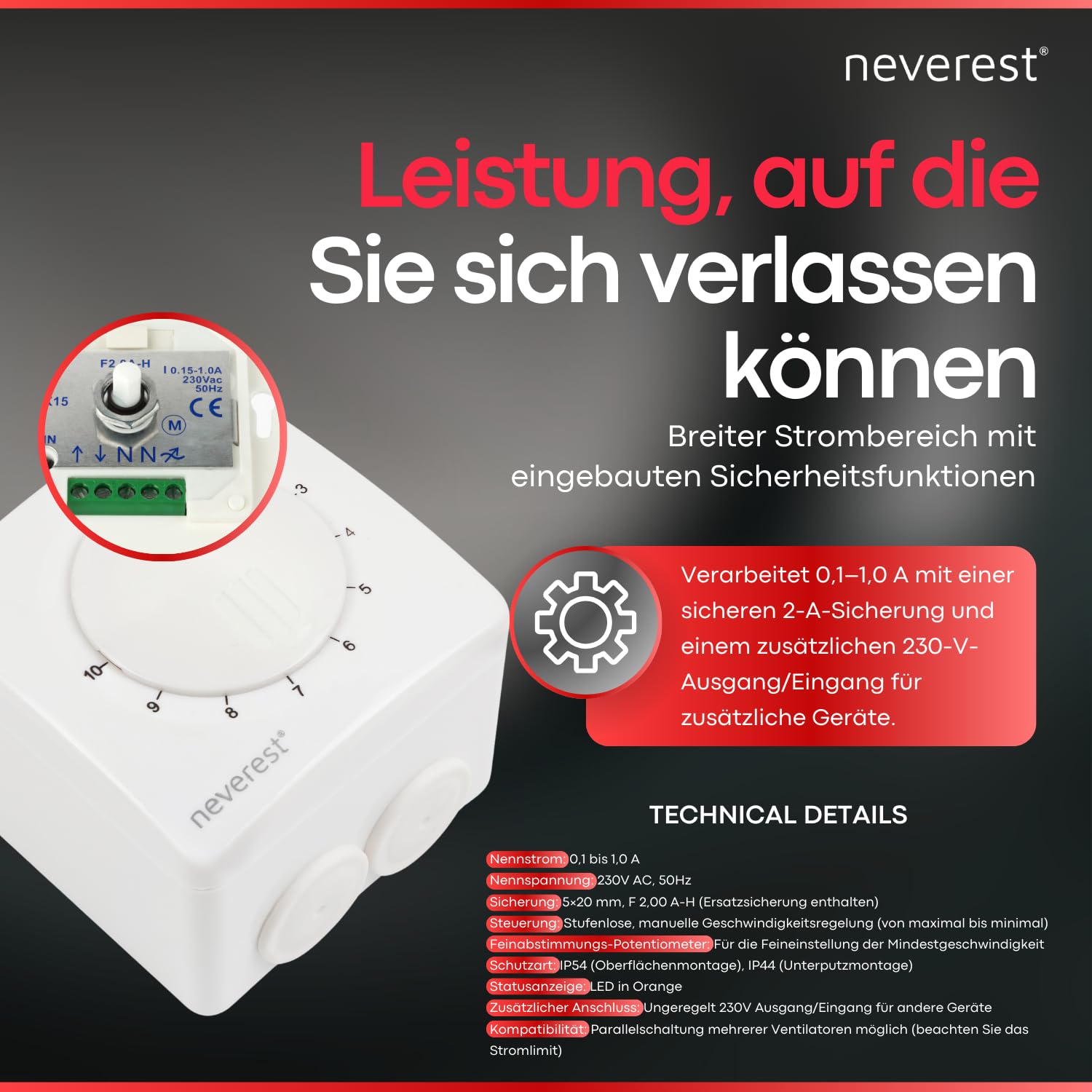 neverest® Dimmer 230V 1.0 A Drehzahlregler für Ventilatoren Pumpen Motoren Aufputz/Unterputz Montage