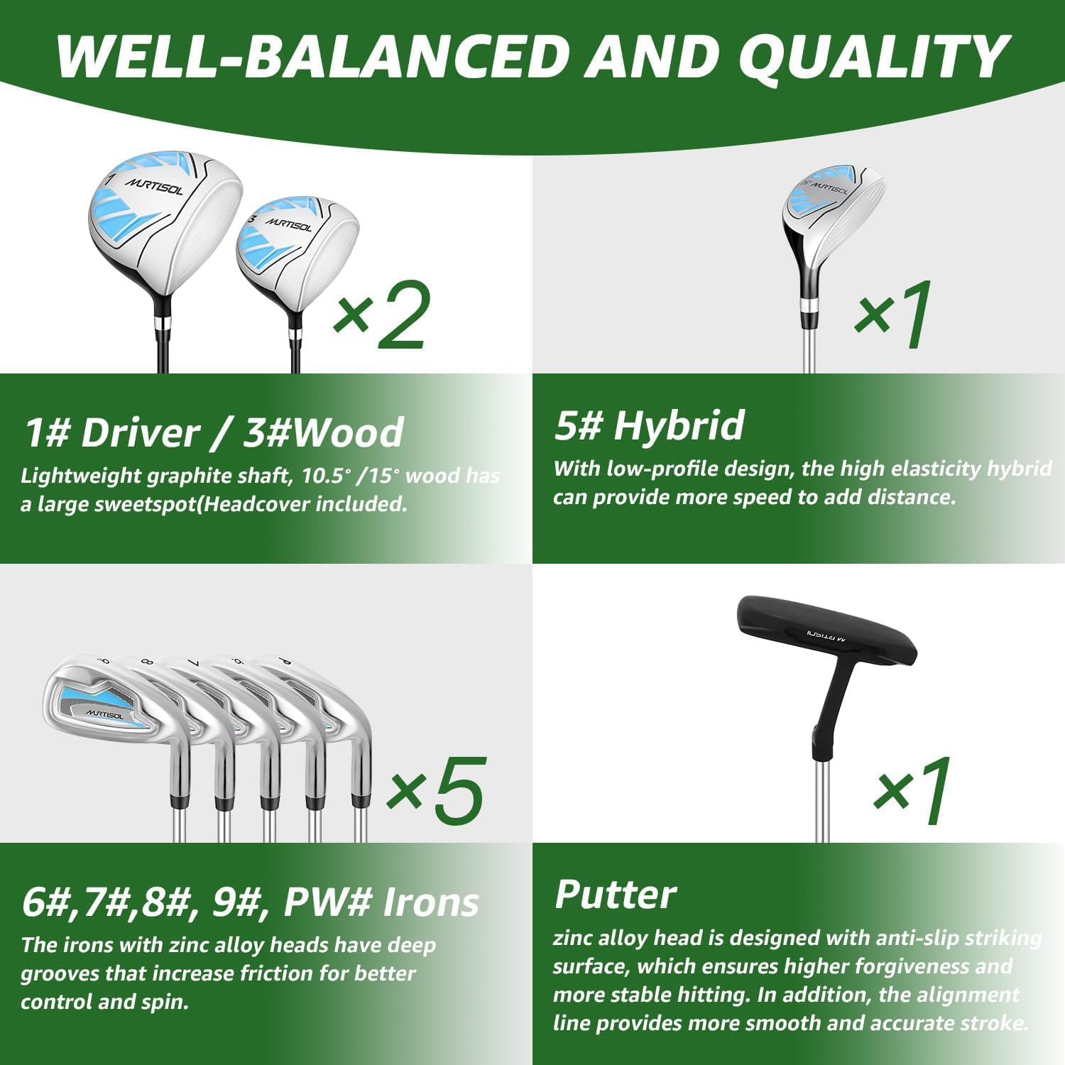 10 Pieces Golf Clubs Full Set Mens Right Hand,Golf Set Includes Stand Bag with Rain Hood, 1#Driver 3#Wood #5 Hybrid,with 3 Head Covers, 6# 7# 8# 9# PW# Irons and Putter