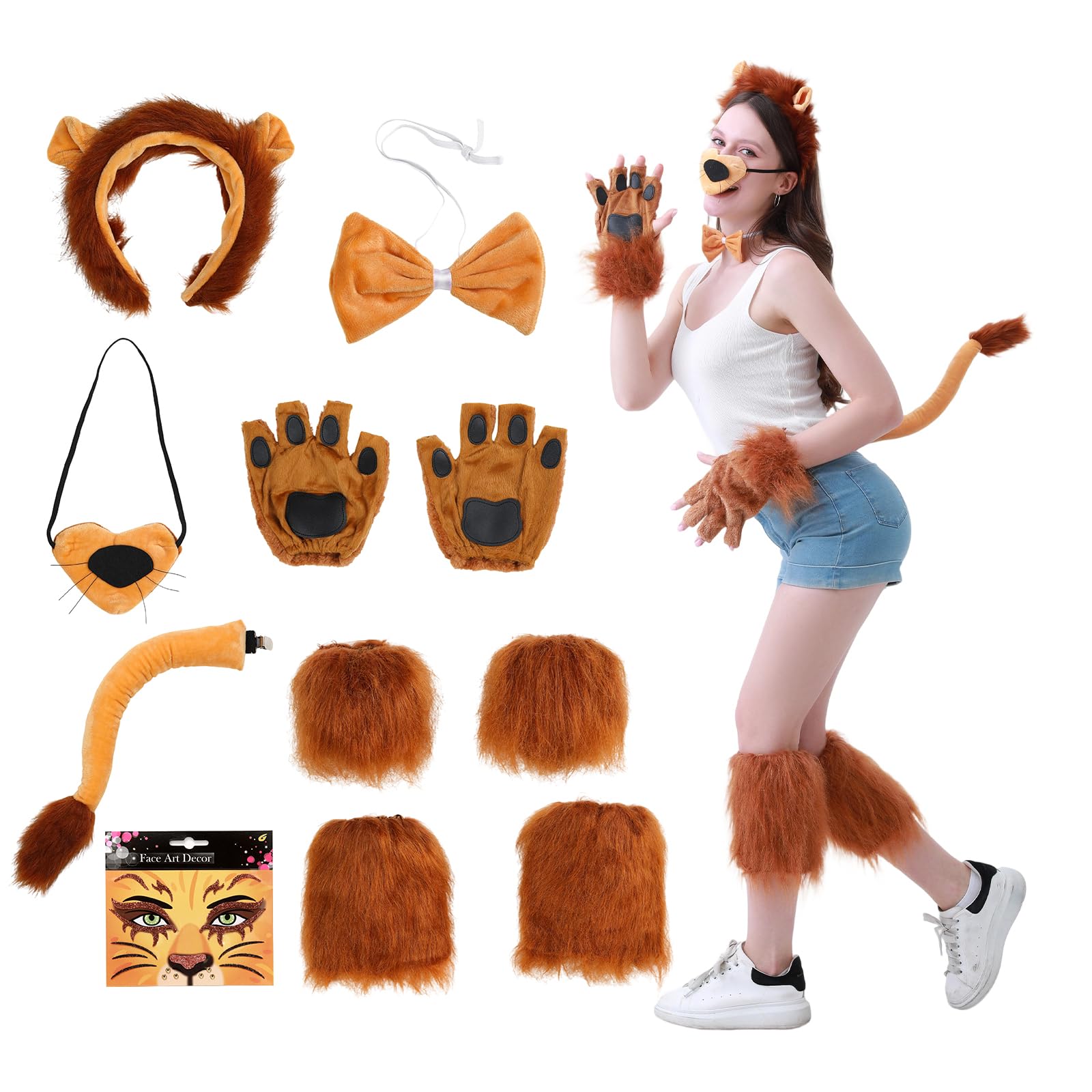 Dozesheep Lion Halloween Costume Set, Animal Costume Cosplay Accessories Headband Gloves Face Sticker Dress Up for Women