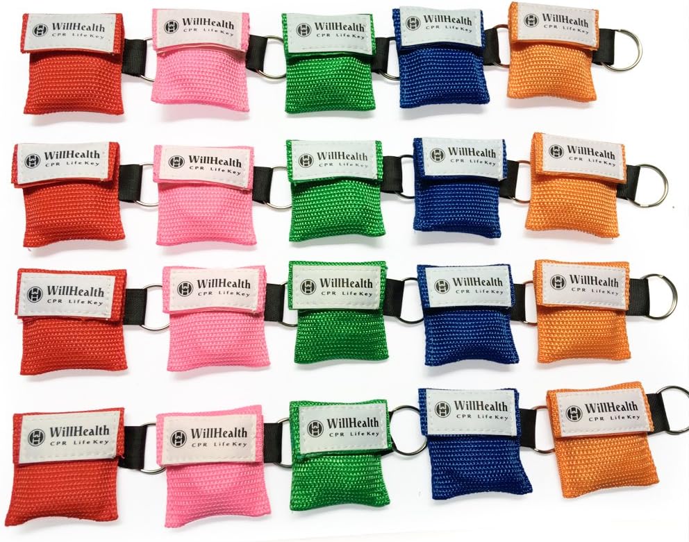 WillHealth 20 Pack CPR Mask Key Chain Ring CPR Pocket Mask Emergency Kit Rescue Face Shield with One-Way Valve Breathing Barrier for First Aid or AED Training