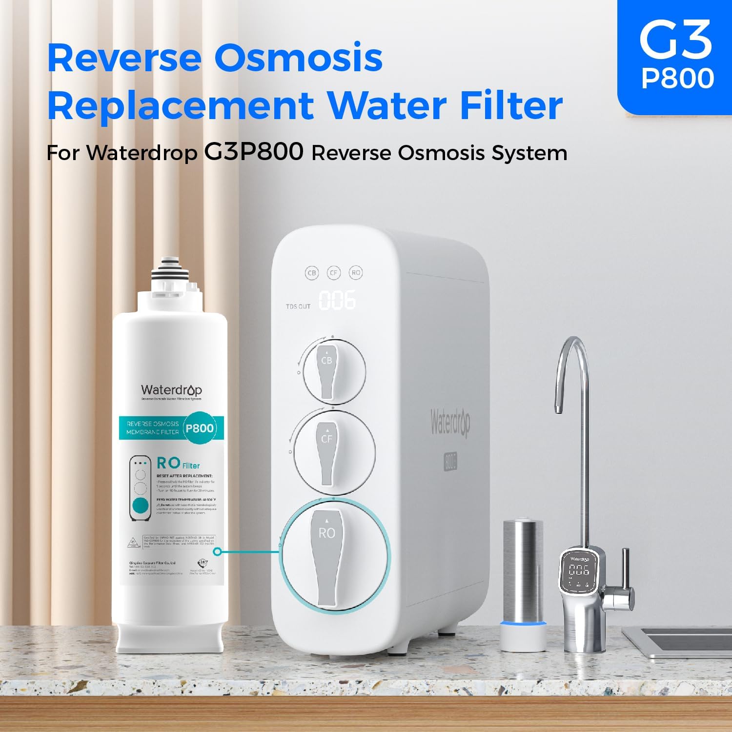 Waterdrop G3P800-N2RO Filter, Replacement for Waterdrop G3P800 Tankless Reverse Osmosis Water Filter, Reduce PFAS, 2-year Lifetime