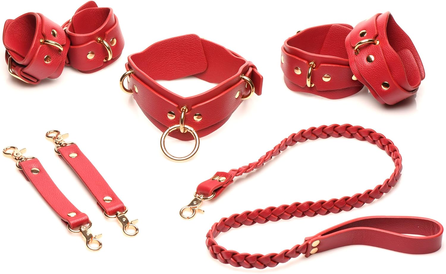 XR PLAY HARD. Bedroom Bliss Lover's Restraints Set For Men, Women & Couples. Made With Durable Vegan Leather, Adjustable Straps. Nickel-Free Metal. 5 Piece Set, Red.