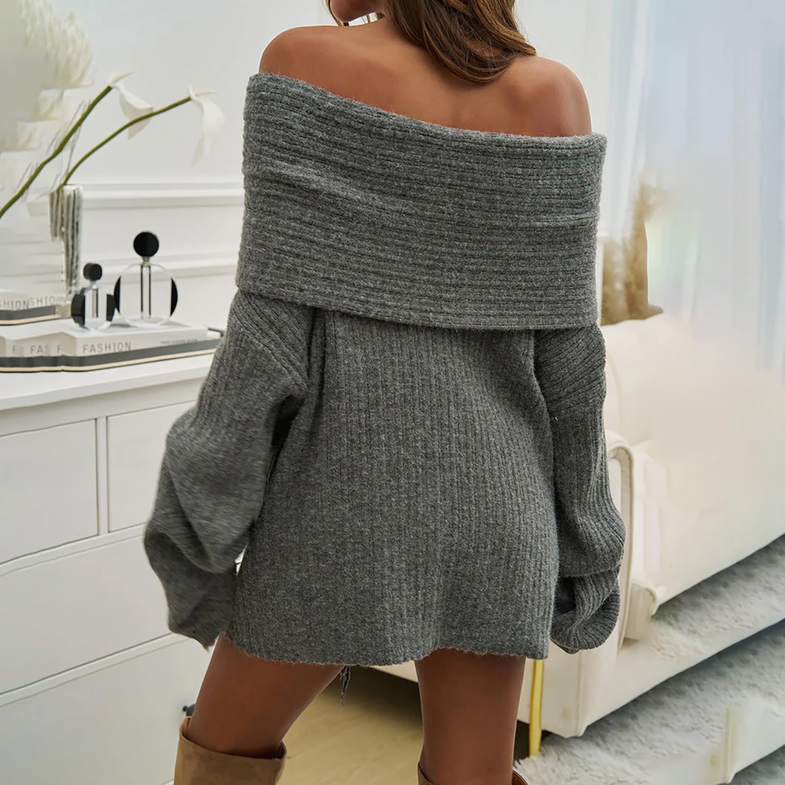 Pull Noel Femme À Épaules Dénudées pour Couleur Unie, Manches Longues, Automne Et Hiver Chic Elegant Oversize Col Roulé Chaud Halloween Sweat sans Capuche Ras du Cou Gilet Femm