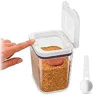 Brown Sugar Container Keeper with Lid & Spoon – Airtight Clear Plastic Brown Sugar Canister with Moisture Disc – 1-Button Easy Open Jar, Clump-Proof Soft & Fresh Storage with Silicone Seal, 2 Quart