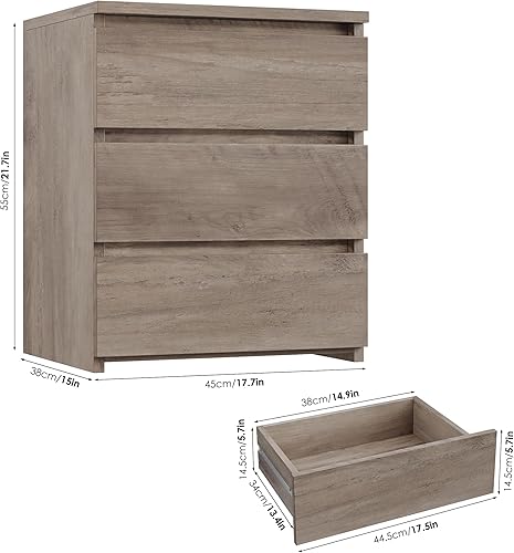 Miniatura 3 de FOTOSOK Mesita de noche gris con 3 cajones, mesita de noche para dormitorio con asa recortada, mesa auxiliar de sofá con 3 cajones para dormitorio,