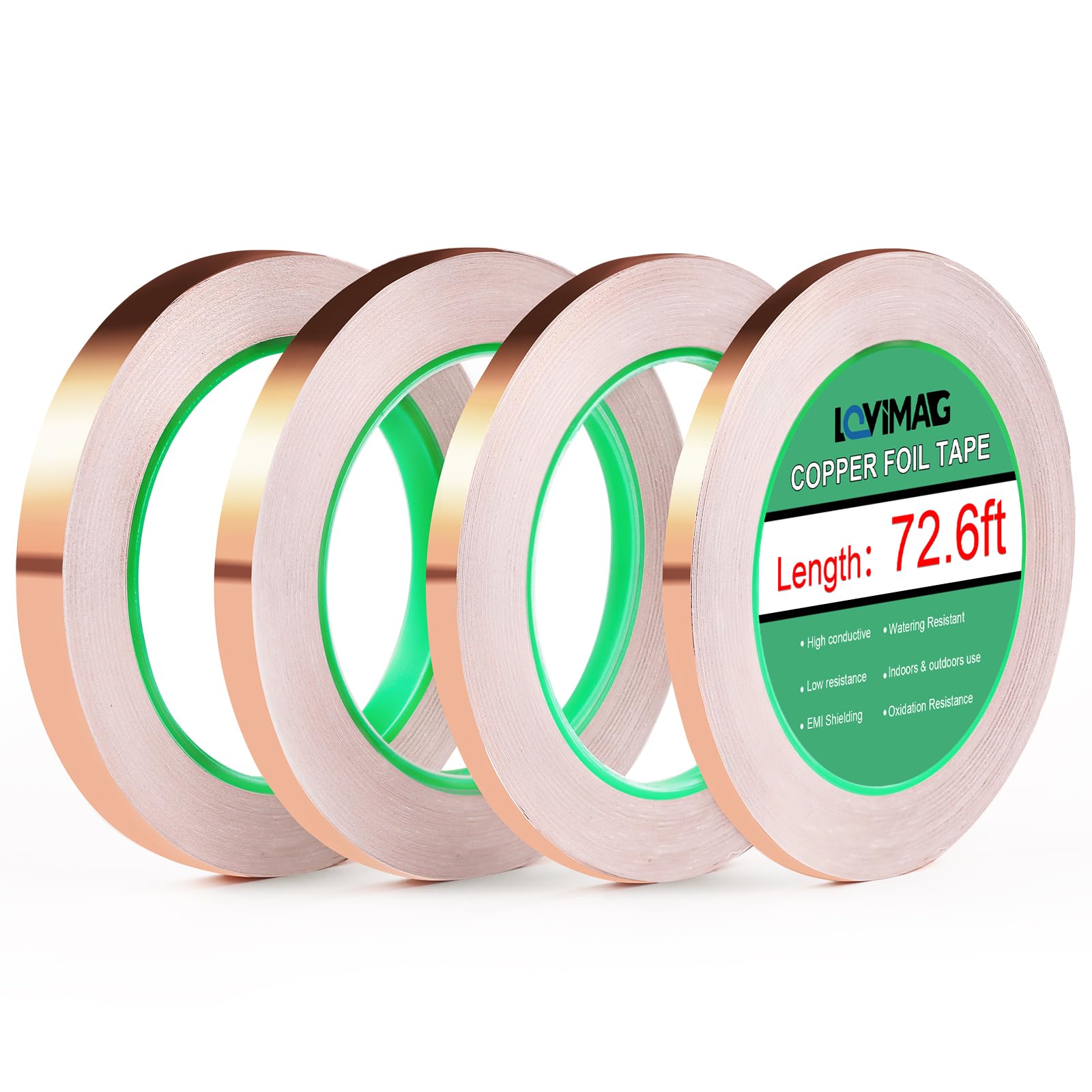 LOVIMAG Copper Tape, Copper Foil Tape 4 Sizes (0.2/0.24/0.3/0.4Inch) x72.6FT, Copper Foil Tape Conductive Adhesive for Stained Glass, Guitar and EMI Shielding, Crafts, Electrical Repairs, Grounding