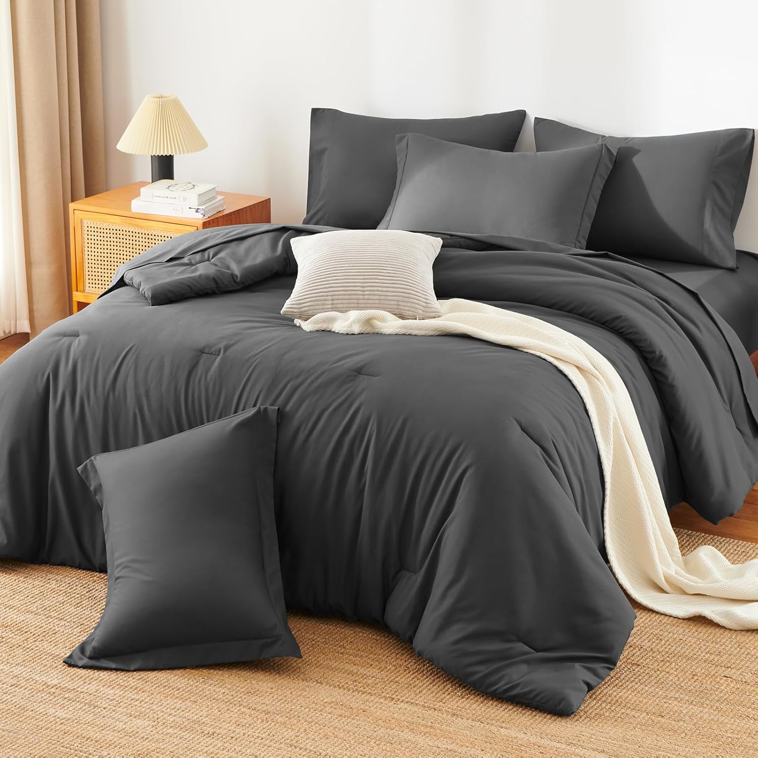 Full Size Comforter Sets - 7 Pieces Dark Grey Bed in a Bag, Soft Lightweight Bedding Set, All Season Bed Set with Comforter, Flat Sheet, Fitted Sheet, Pillowcases & Pillow Shams - Image 9