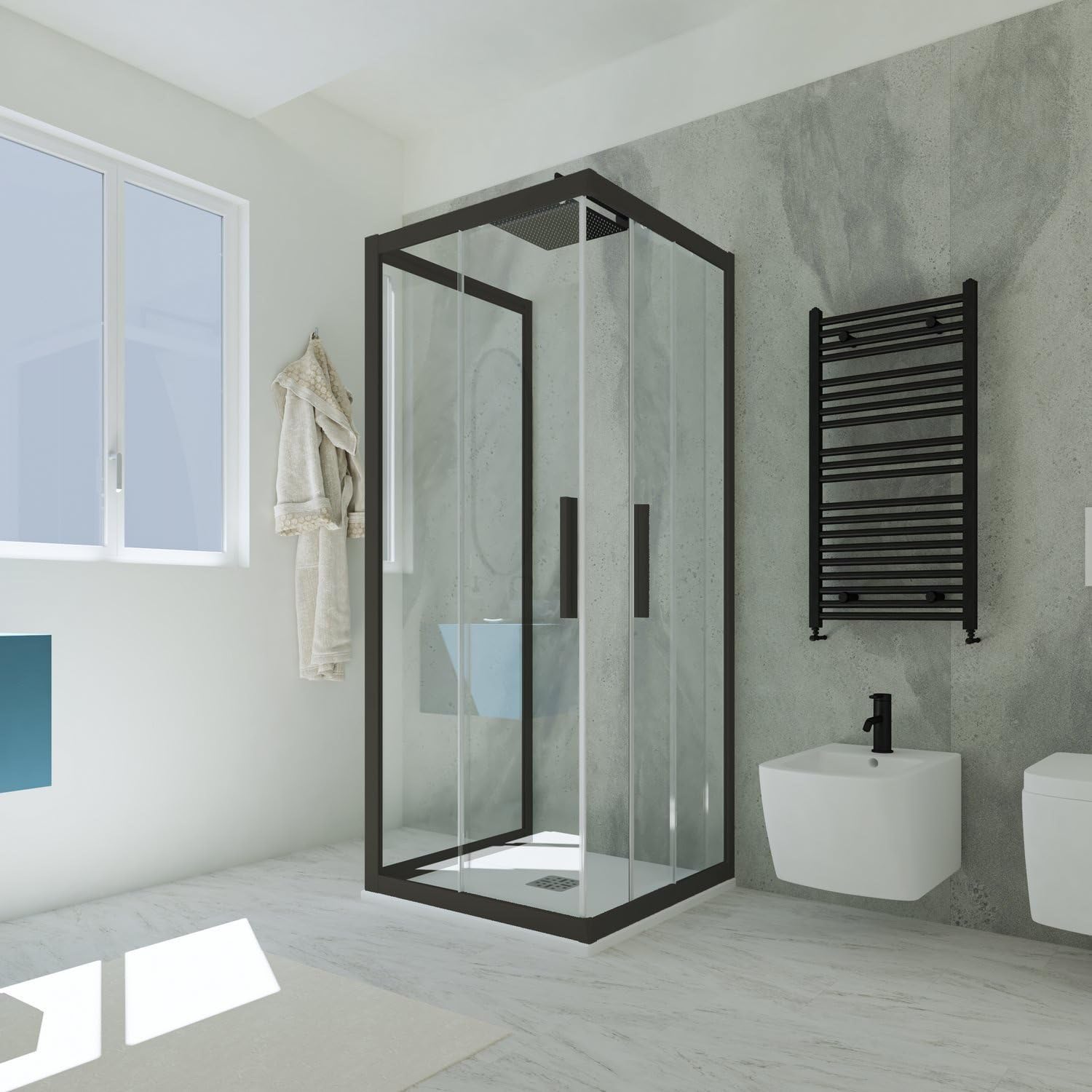 Box doccia 3 lati scorrevole 80x80x80 CM H 200 Vetro Trasparente Profilo Nero Matt mod. Kolors Trio
