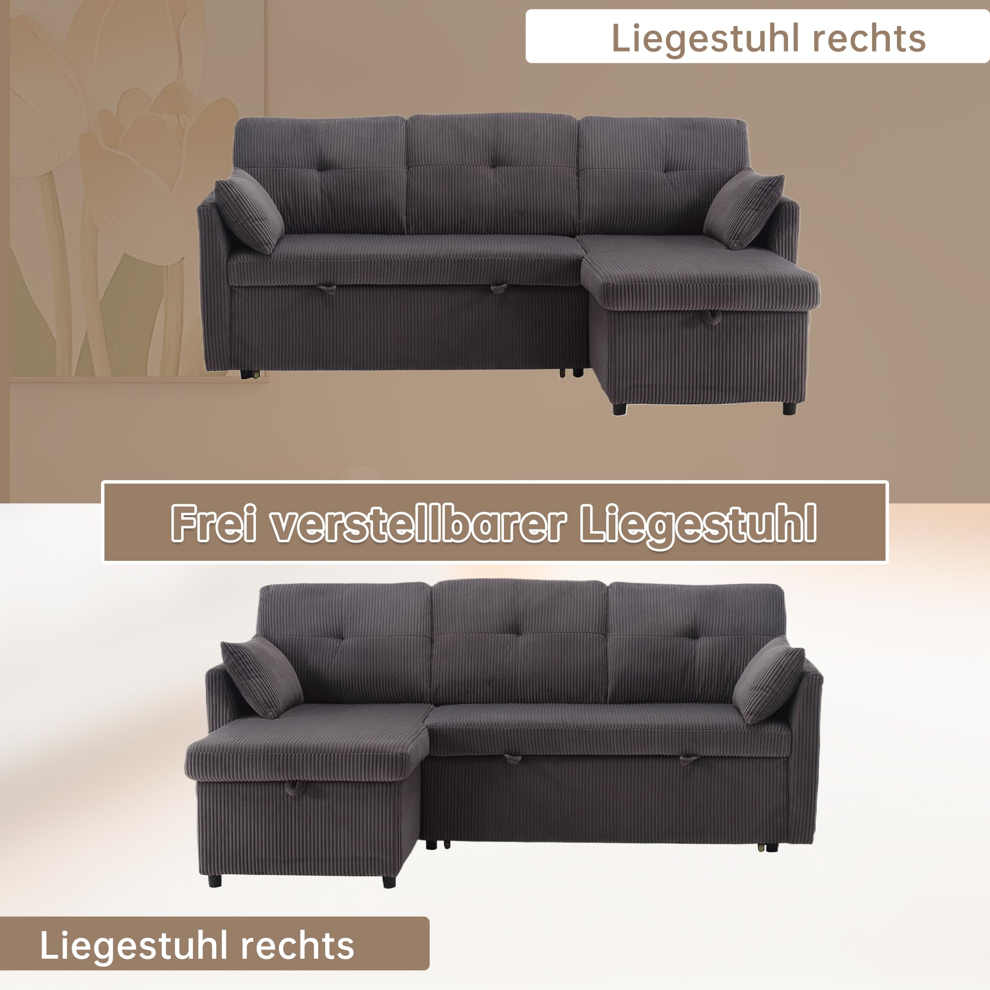 Divano letto modulare a 3 posti con vano portaoggetti – Divano in velluto a coste con funzione sleep & lettino estraibile | Divano letto a forma di L per soggiorno | Divano letto con contenitore