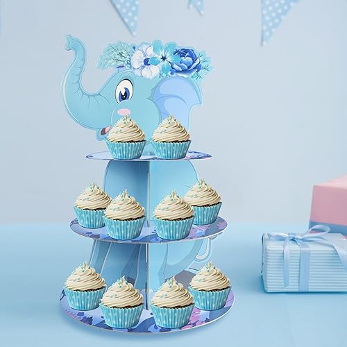 Miniatura 2 de Soporte para cupcakes de elefante azul de 3 niveles, soporte para cupcakes de elefante, decoración de mesa, soporte para cupcakes de postre para