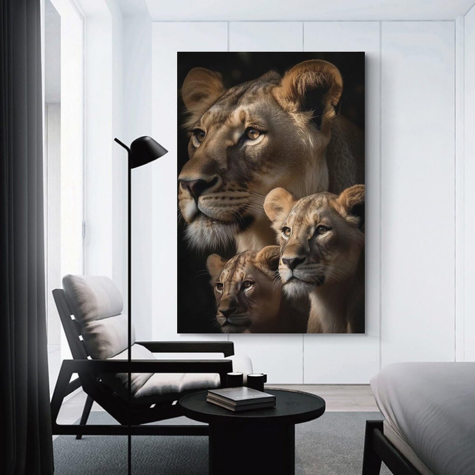 Junmoney Lioness With Cubs Portrait Canvas Wall Art, 16x24inch(40x60cm), for Bedroom, Guest Room Or Reading Nook, Decorative Wall Art for Cosy Rooms