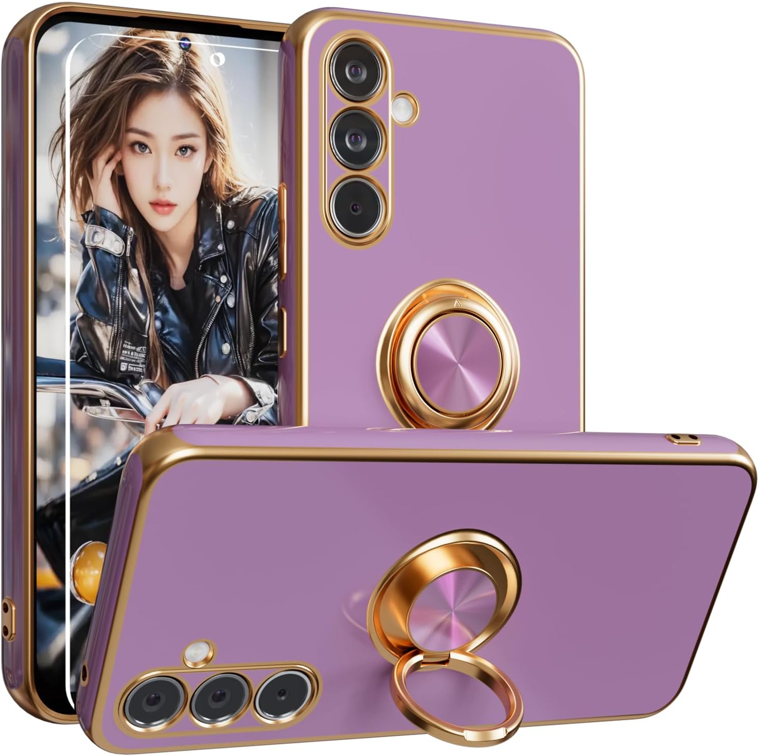 for Samsung Galaxy A54 5G Case with Magnetic Stand Kickstand, Built-in 360° Rotation Ring Holder, 6D Plating Gold Edge, Slim Shockproof Soft TPU Heavy Duty Protective case for Galaxy A54 5G, Purple