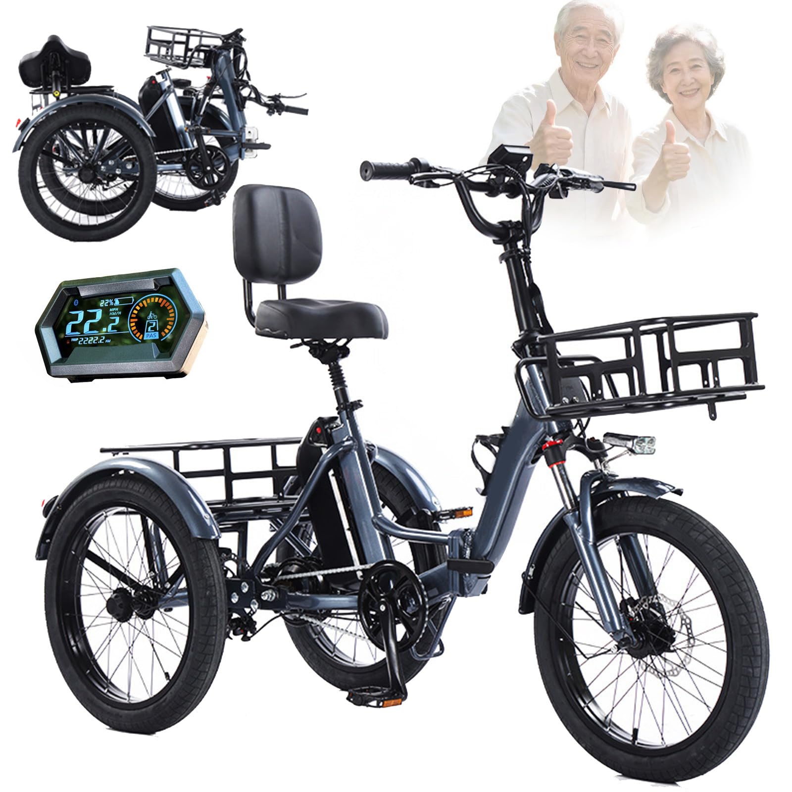 Triciclo Elettrico Pieghevole da 20 Pollici, Schermo LCD, Cestino Anteriore E Posteriore, capacità di Carico 200 kg, Batteria 48 V 13 Ah - Autonomia 45 Km, per Anziani, Adulti C