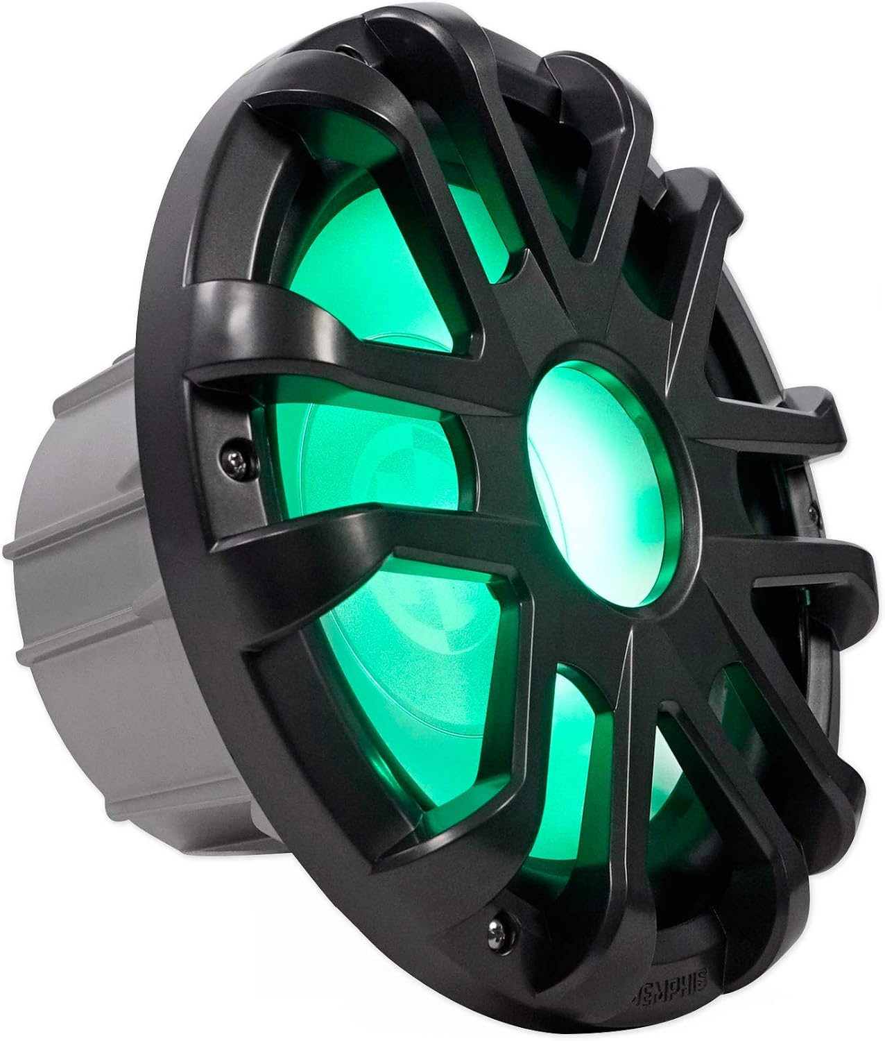 Memphis Audio MXA1044 subwoofer with its RGB LED lighting glowing green