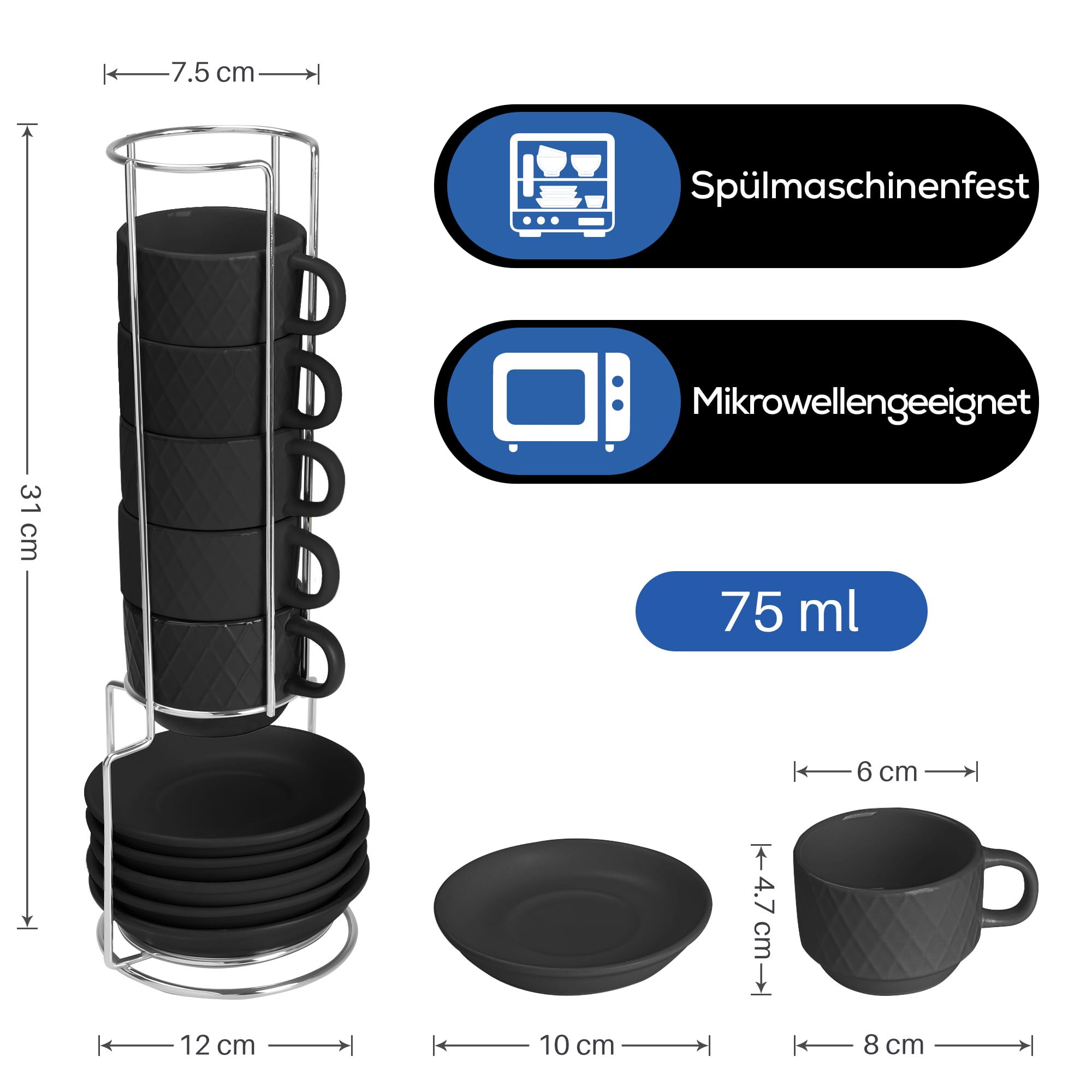 MIAMIO – 6 x 75 ml Espresso Tassen/Espressotassen Set mit Ständer Steingut Keramik - Palmanova Kollektion (Schwarz)