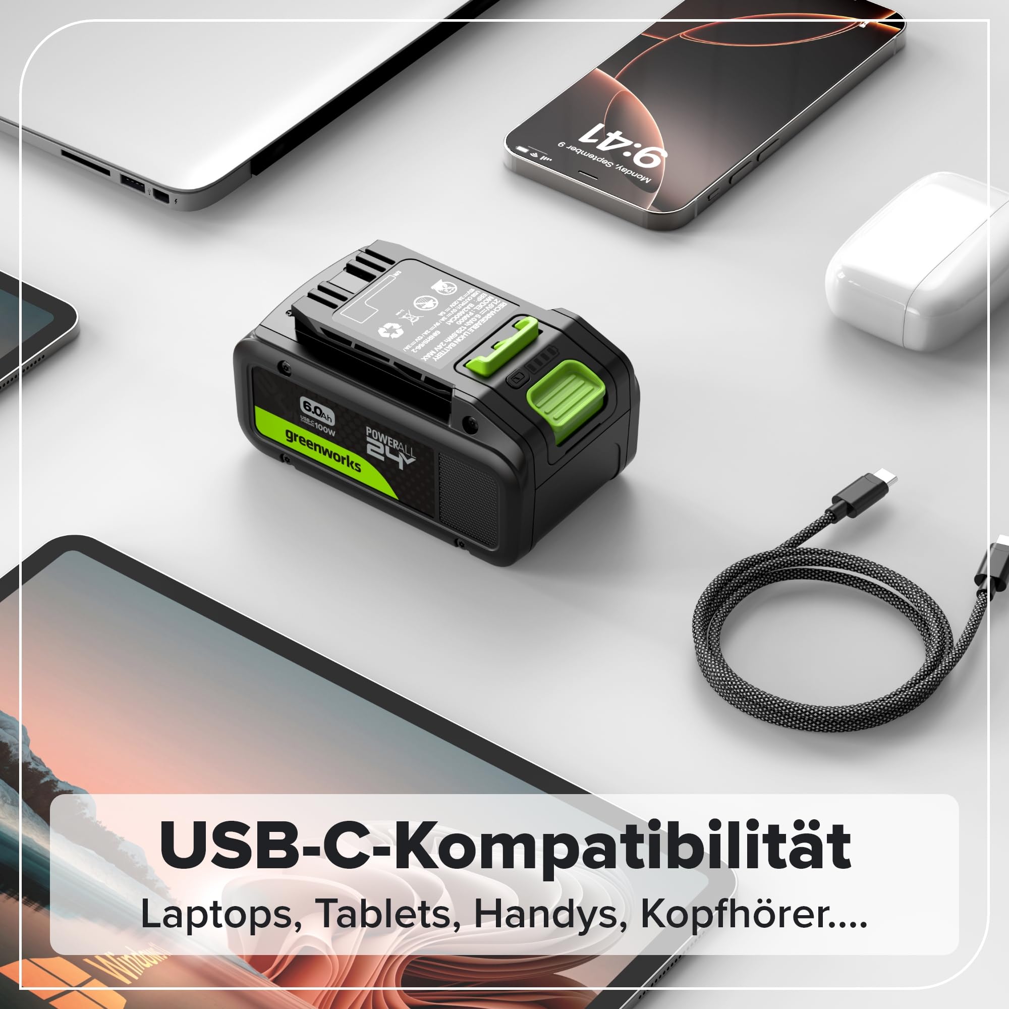 Greenworks 24V 6Ah Akku High Power USB-C (Li-Ion 24V 6,0 Ah wiederaufladbarer leistungsstarker Akku passend für alle 200+ Greenworks 24V Geräte), 2 Jahre Garantie - PA600