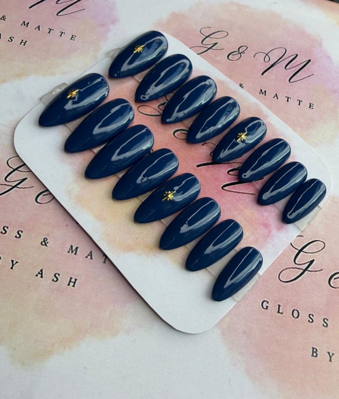 Press-On Nails, Navy Blue almond, Gold Star Accent, Glossy Finish, 16 Pieces-image-40