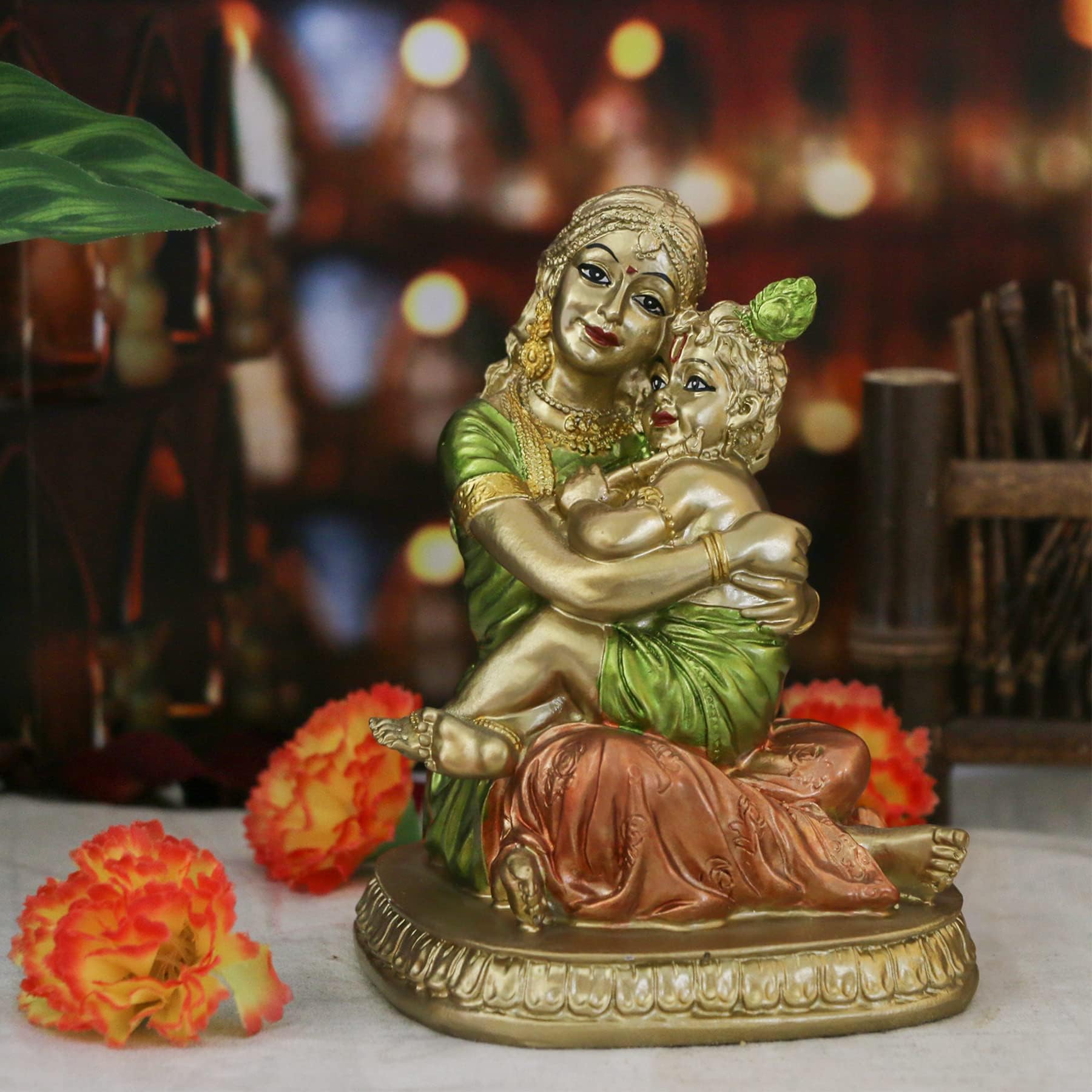 alikiki Hindu God Yasoda Krishna Statue - Indian Pooja Yashoda Baby Krishna Figurine Indian God Lord Home Office Temple Mandir Puja Murti Item Golu Doll Diwali Gift Inida Spiritual Prayer