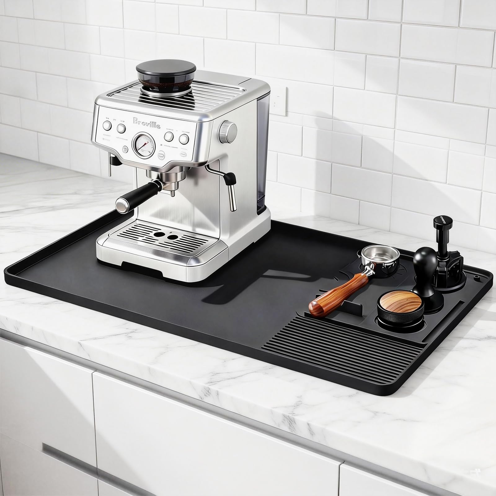 2-in-1 Silicone Coffee Mat Set, 24"x16" Large Bar Mat with Detachable Tamping Mat, Heat Resistant Non-Slip Counter Protector for Espresso Machine, Dish Drying, Coffee Bar Accessories, Black