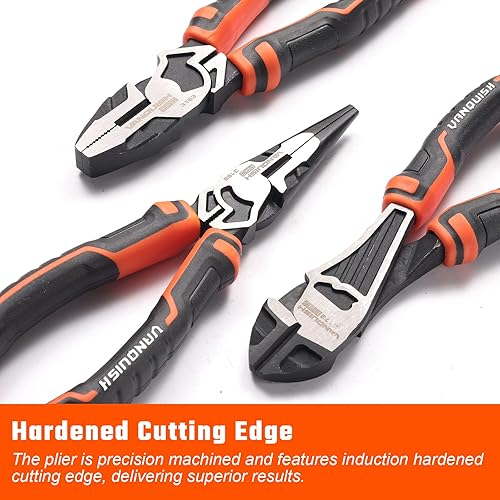 Miniatura 3 de VANQUISH Juego de 3 piezas Juego de herramientas de corte diagonal de mandíbula de alambre, punta larga y alicates Linemans (3192)