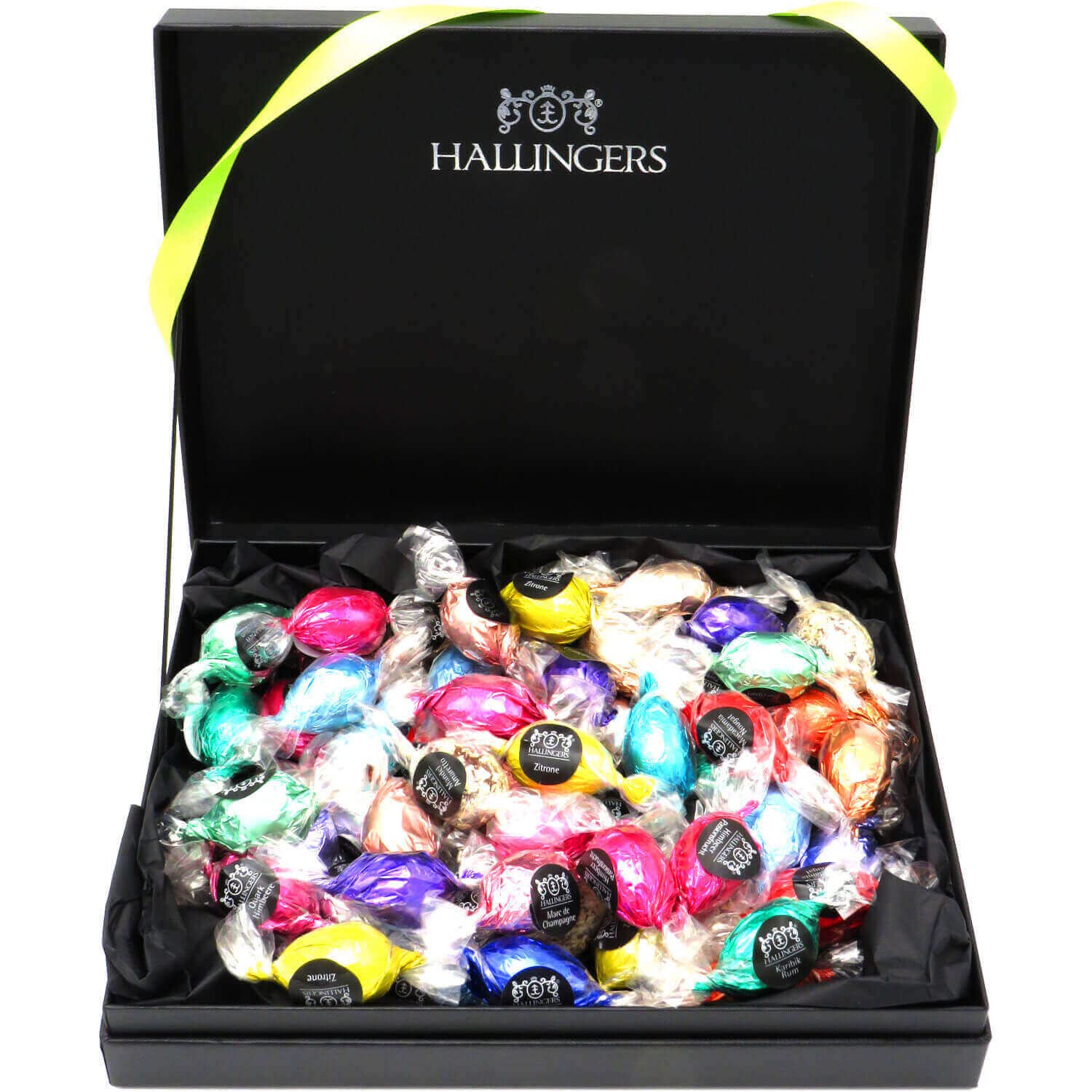 Hallingers Genuss Manufaktur Feinkost Oster-Geschenk-Set - XXL-Geschenkkorb "Easter Box green" großes Osternest mit 60 Pralinen-Ostereiern mit & ohne Alkohol, Ostern Körbchen für Frauen Männer