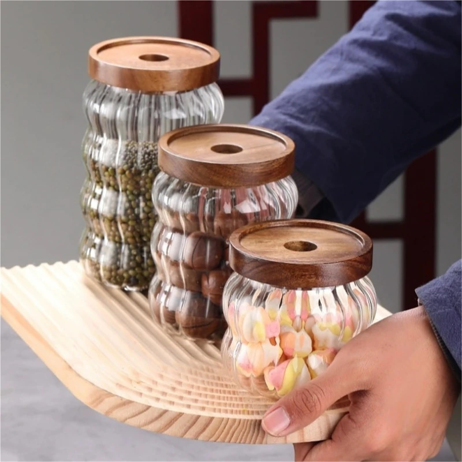 Tarro De Caramelo A Rayas Con Tapa Madera, Frascos Botellas Almacenamiento, Dulces Para Caramelos(750ML)