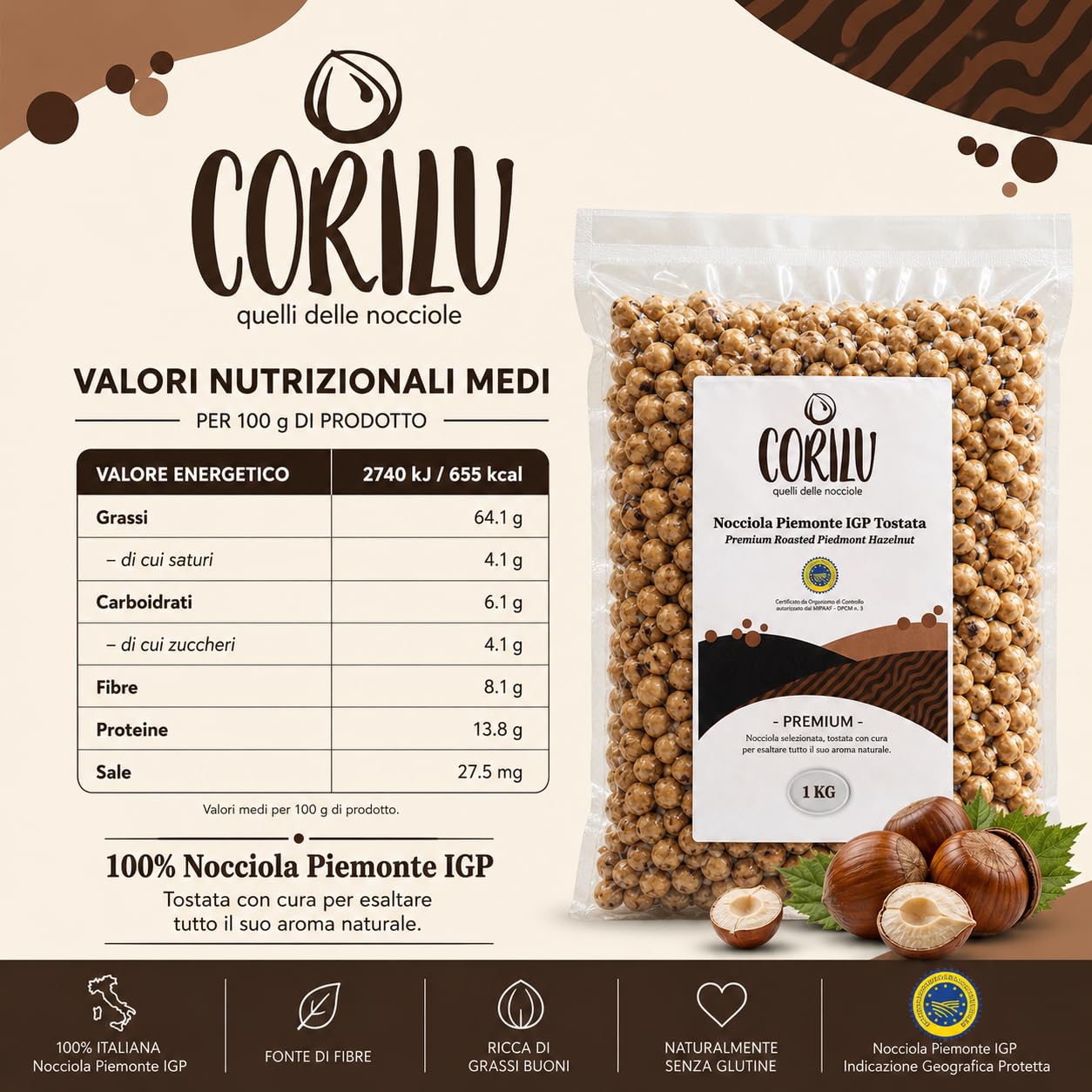 Corilu Nocciole Tostate Intere Piemonte IGP - Frutta Secca Snack Fonte di Fibre, Vitamine ed Antiossidanti - PREMIUM Nocciole Piemonte Igp Sgusciate Sacchetto Sottovuoto 1 kg