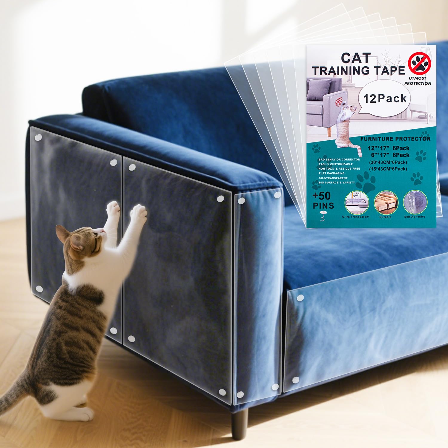 Cat Scratch Furniture Protector, 12-Pack Couch Protector from Cat Claws, Cat Couch Protector Single-Sided Furniture Protectors from Cats Scratching