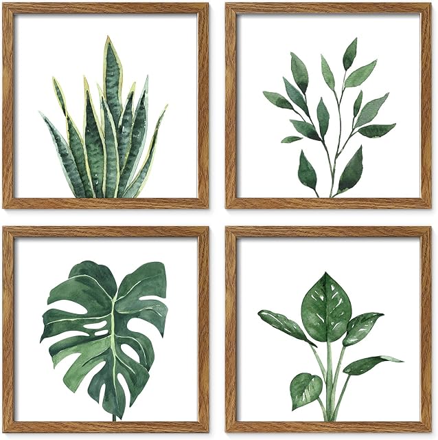 ArtbyHannah Framed Botanical Bathroom Wall Art Decor, 10x10 Inch 4 Pack Acrylic Sage Green Prints Set, for Spa & Farmhouse Decor for Bath, Restroom, Bedroom, Office Decoration (Walnut)