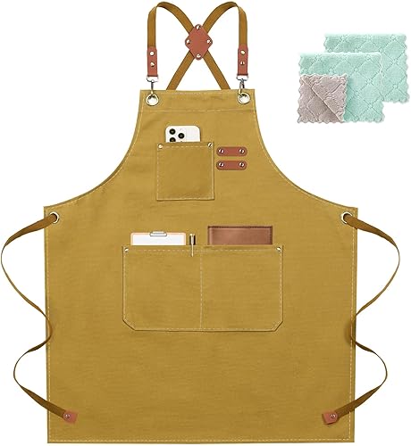 ZOMAO Delantal de chef para mujeres y hombres con bolsillos grandes, lona de algodón, parte trasera cruzada, impermeable, delantales de trabajo para