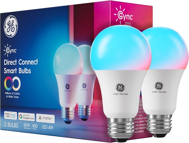 GE Cync A19 LED Smart Light Bulbs, Room Decor Aesthetic Bluetooth and WiFi Color Changing Lights, LED Indoor Light Bulb, Compatible with Alexa and Google (2 Pack)