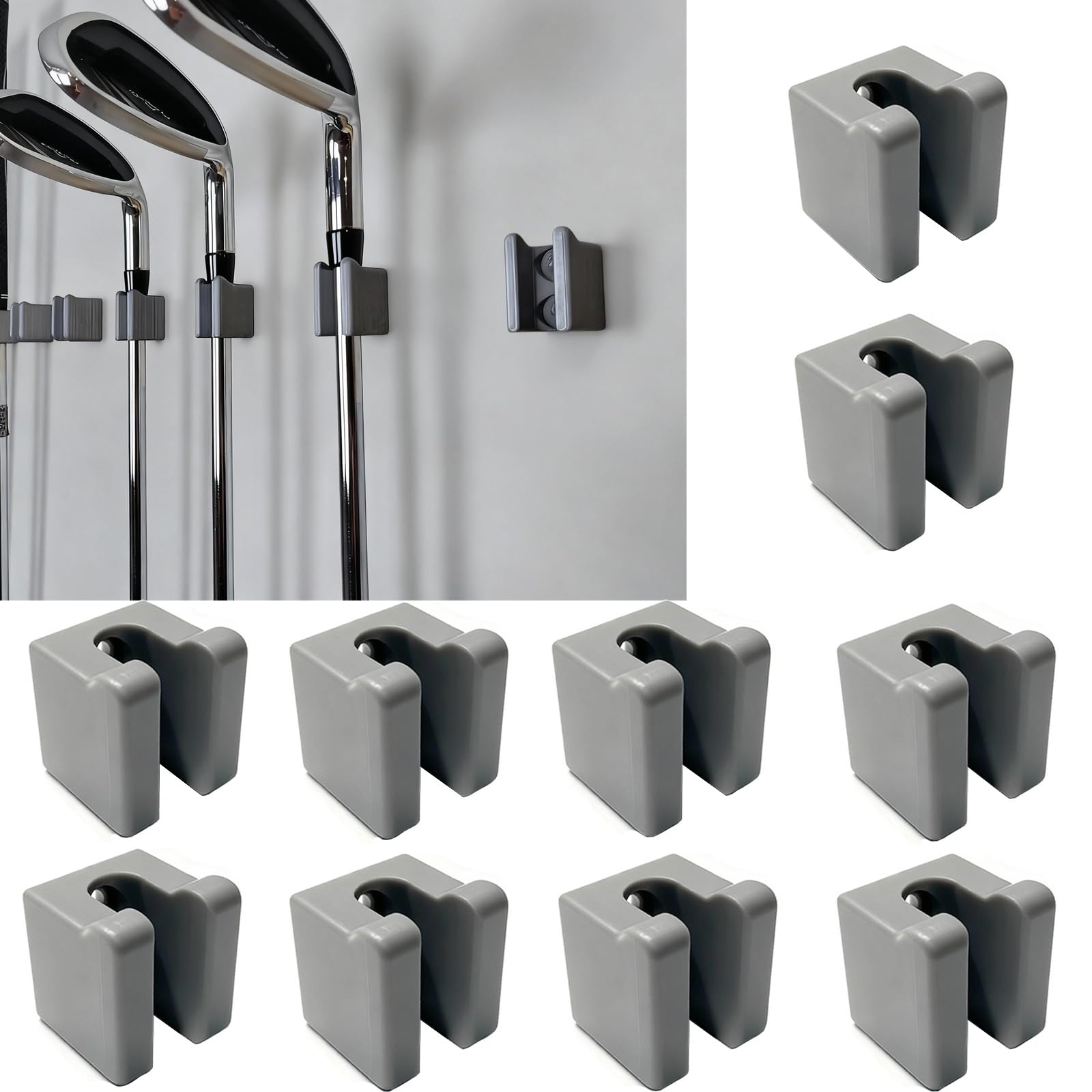 ORTREE Golf Club Wall Mount Organizer–10mm Clearance for Club Heads (Club Head Up Orientation),Grey Finish,Pack of 10–Wall-Mounted Display and Storage Solution (Club Head up-10mm)