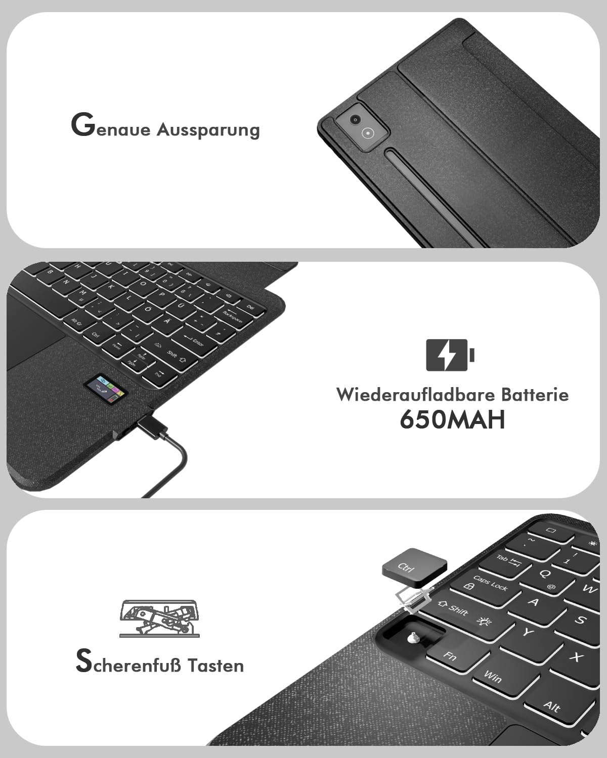 Doohoeek Bluetooth Tastatur Hülle mit LCD-Display für Lenovo Idea Tab Pro 2025 12,7 Zoll, Bluetooth Kabellose Trennbare Tastatur mit Trackpad, 7 Farbige Beleuchtung, QWERTZ