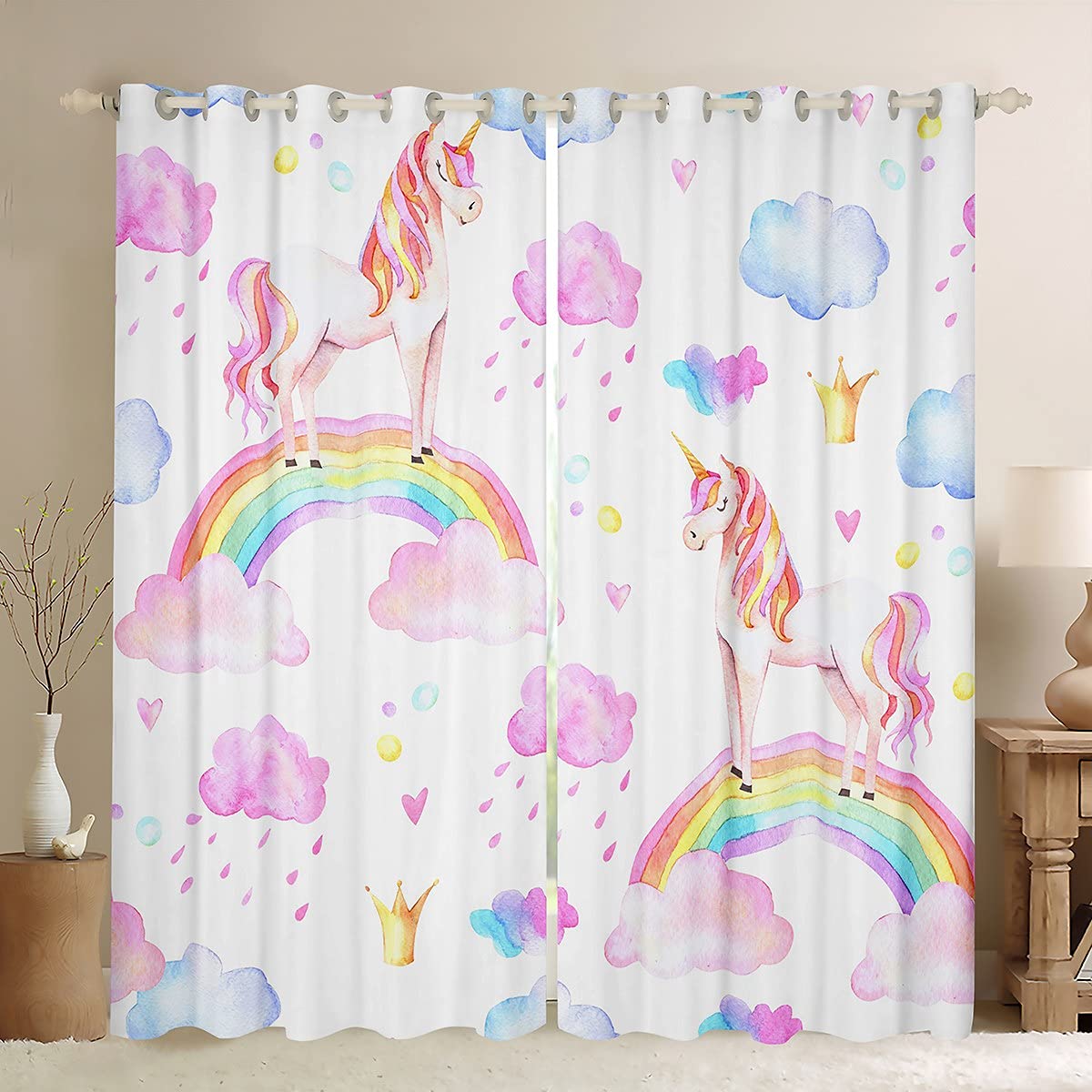 Loussiesd Rainbow Unicorn Window Treatments Kids Girls Curtain for Boys Girls Teens Decor Modern Cartoon Horse Window Drapes Pink Cute Unicorn Window Curtain W46*L54