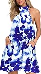 WNEEDU Womens Summer Dresses Halter Neck Casual Sun Dress with Pockets | Convenient side pockets, Loose flowy silhouette, Comfortable sleeveless cut