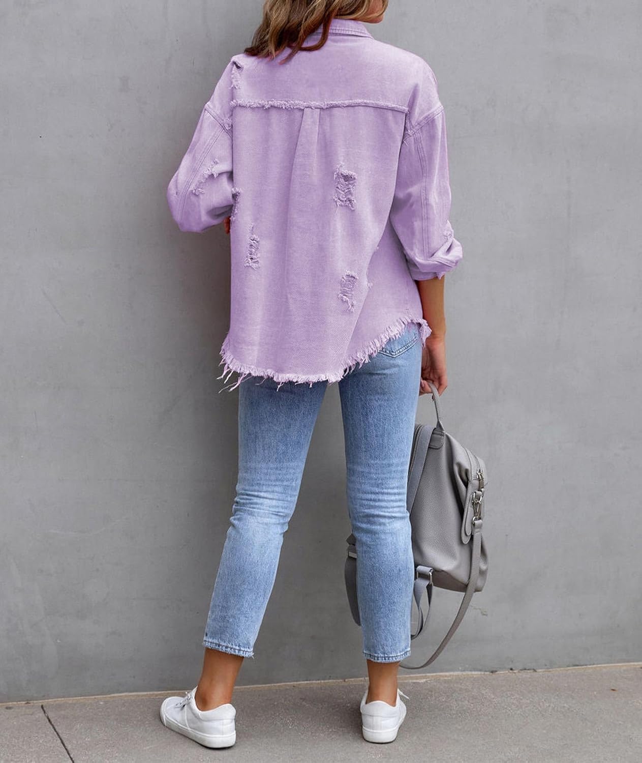 SEMATOMALA Women's Frayed Hem Ripped Denim Shirt Jacket Button Front Boyfriend Jean Coat Oversized Distressed Fall Shacket - Image 5